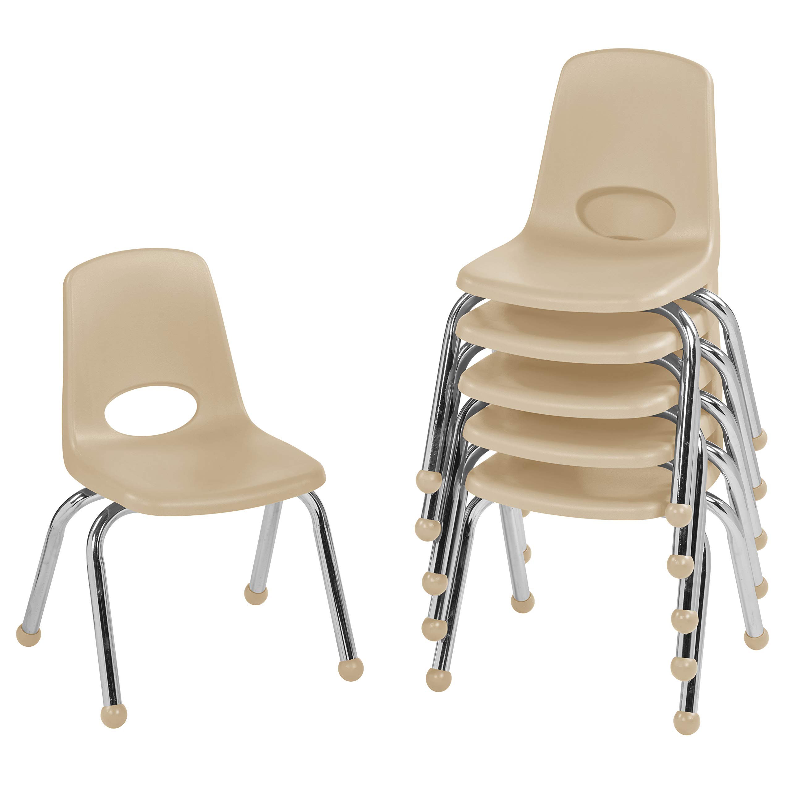 Factory Direct Partners FDP 12" School Stack Chair, Stacking Student Seat with Chromed Steel Legs and Ball Glides; for in-Home Learning or Classroom - Sand (6-Pack), 10359-SD