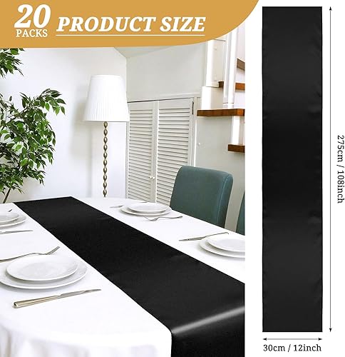 Miniatura 2 de Paquete de 20 caminos de mesa de satén negro de 12 x 108 pulgadas de largo, para decoración de bodas, fiestas, eventos, fiestas de cumpleaños,