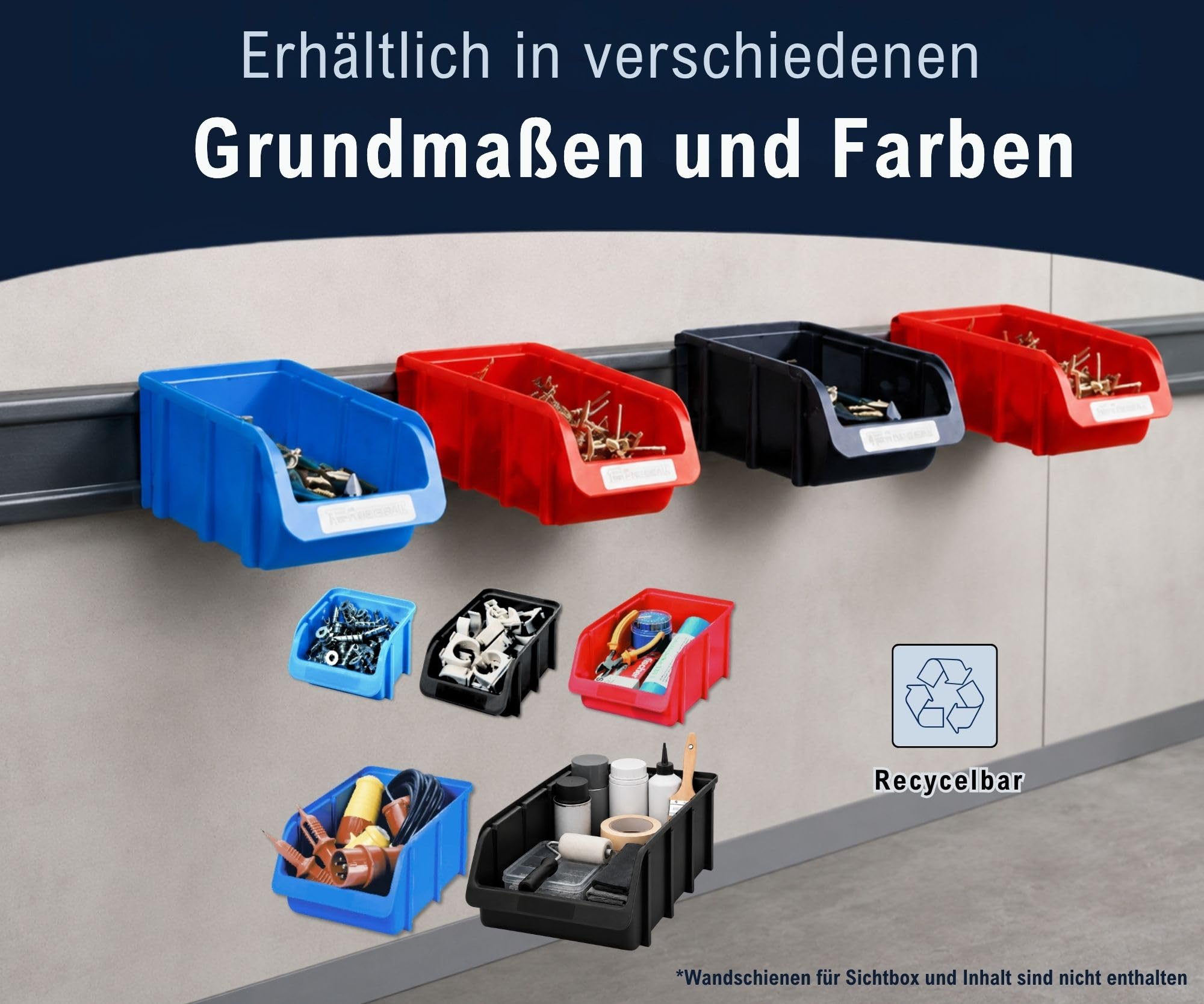 Hünersdorff 26 x Sichtbox - Stapelbox Lagerbox SET in Größe 3 - aus bruchsicherem Polypropylen (PP) - Rezyklat- ideal für Ordnungs- und Sortiersysteme, Wandplatten, Fahrregal, Werkstattregal - Schwarz