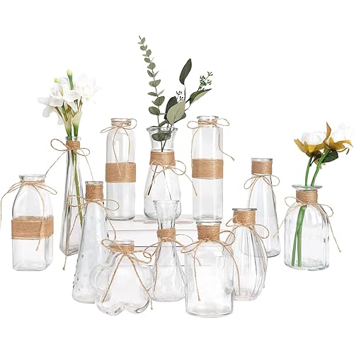 CUCUMI Small Glass Bud Vases for Centerpieces Set of 12, Mini Vintage Clear Flower Vases Bulk with Cute Rope Design for Rustic Wedding Decoration, Home Table Flower Decor