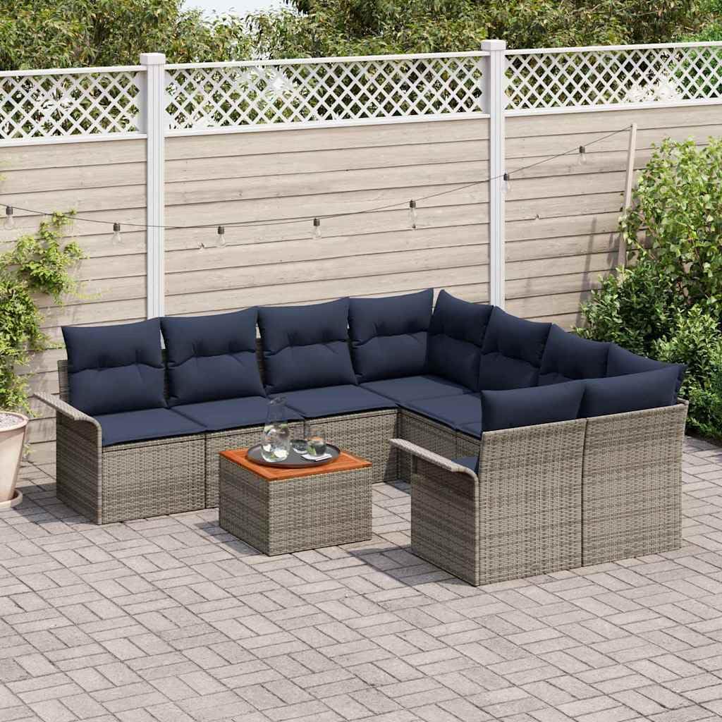 Set Divano da Giardino 9 Pezzi Modulare Polyrattan Grigio Blu Navy con Cuscini Coperta Impermeabile Resistente UV per Terrazza Esterno Salotto