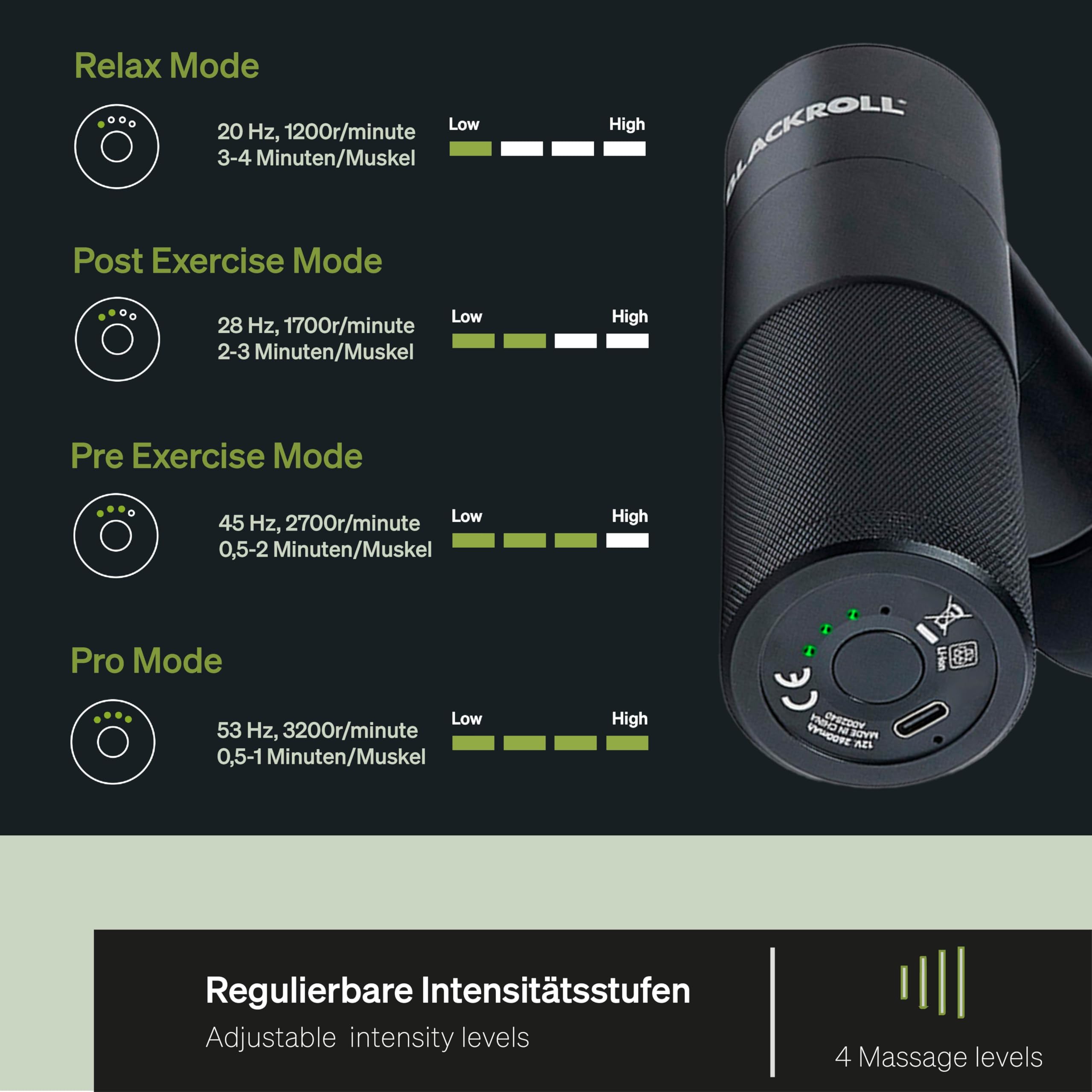 BLACKROLL FASCIA GUN Massagepistole Mini Massagepistole USB C 4 Aufsätze 4 Stufen