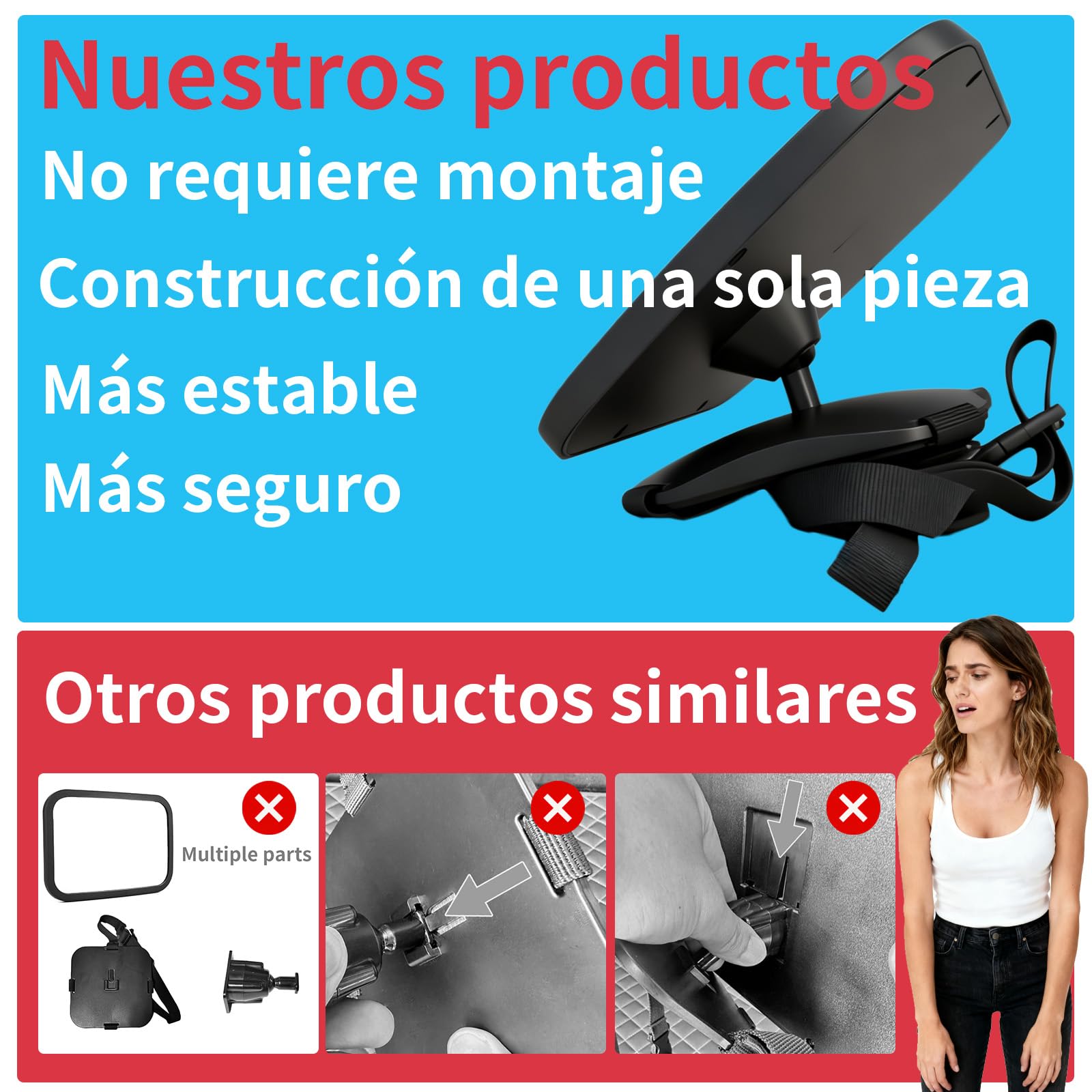 Espejo Coche Bebé, No Requiere Montaje，Espejo Retrovisor Coche Bebé, 360° Ajustable, Gran Tamaño, Irrompible