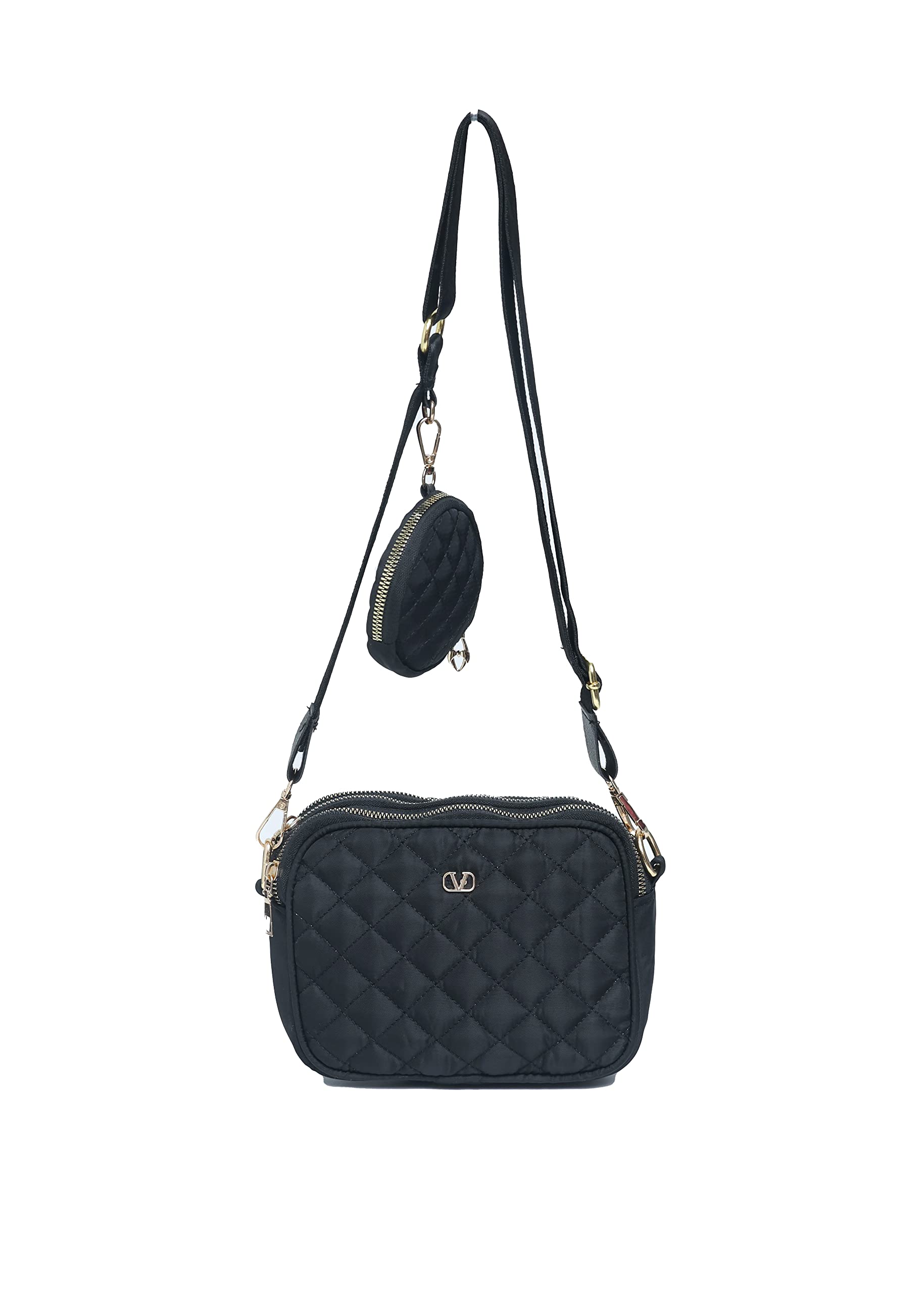 Women Parachute Check Sling Bag, Black-image-0