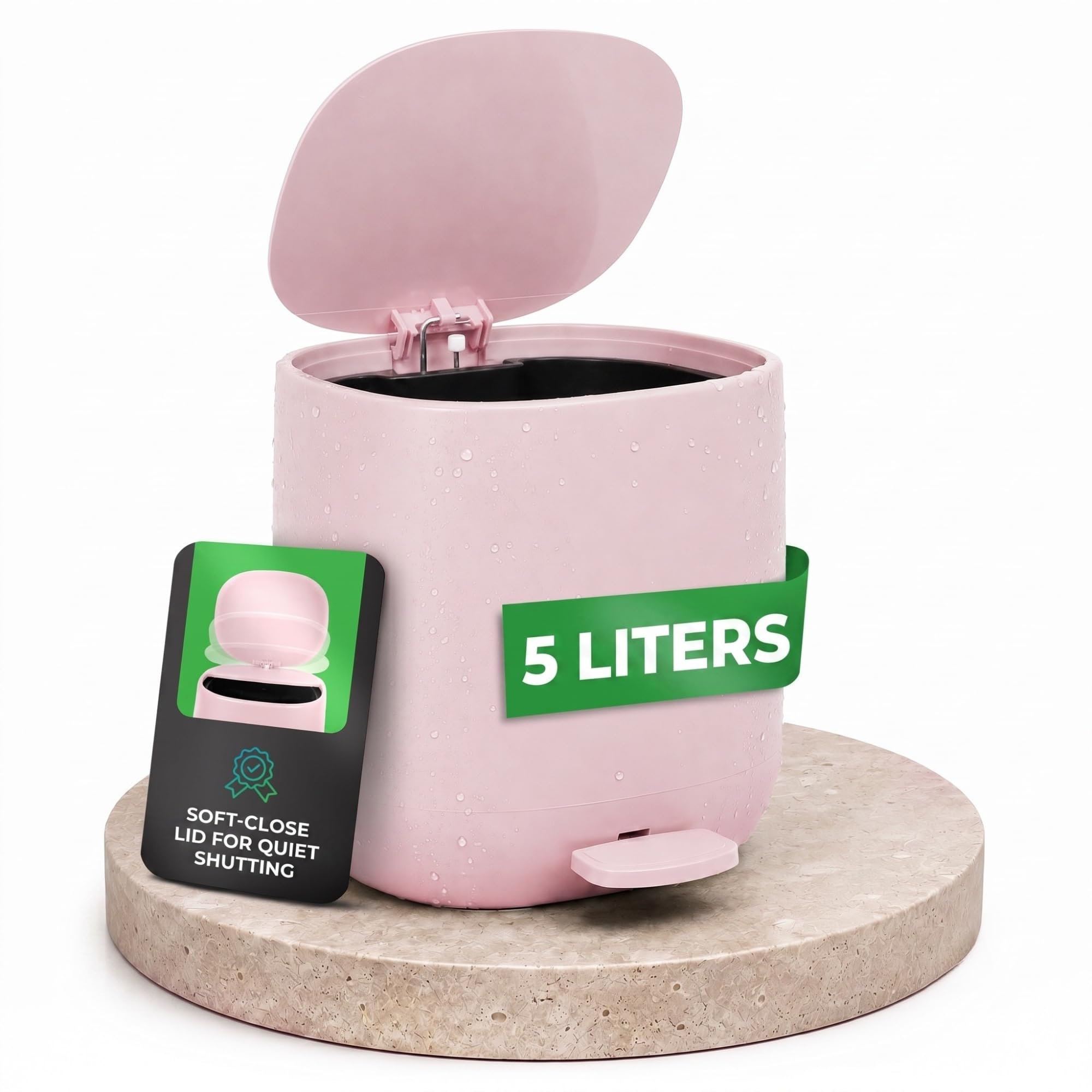 YourCasa Bathroom Bin - 5L Pink - Elegant Design - Soft Close - Rectangular Plastic Bin for Bathroom