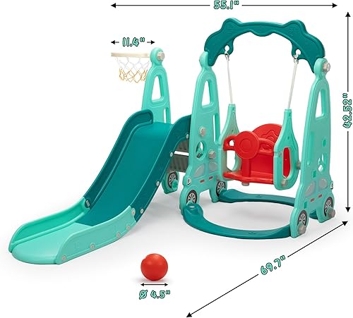 Miniatura 4 de Juego de columpios 4 en 1 para escalar tobogán independiente para niños pequeños con aro de baloncesto, patio de juegos para niños pequeños en