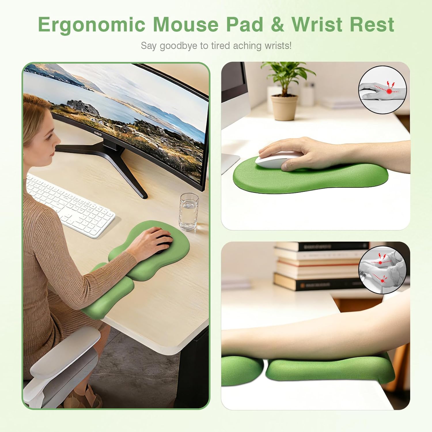 Ospelelf Mouse Pad with Wrist Rest Set Foam L-Shaped Desk Elbow Pad Ergonomic Desk Edge Cushion Anti-Slip Rubber Bottom Office Women Desk Accessories for Computer, Laptop and Gaming, Dark Green