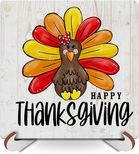 Decoración de mesa de Acción de Gracias, placa de madera vintage con soporte de madera, calabaza rústica de otoño y otoño, decoración del hogar para