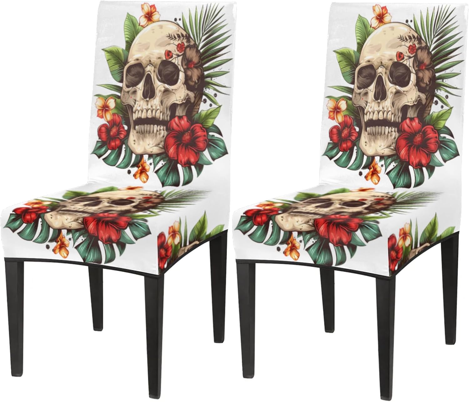 QsirBC Skull Tropical Flower Leaf Stretch Dining Room Chair Covers Set of 6 Chair Slipcovers Removable Washable Kitchen Seat Covers Chair Protectors for Hotel Party Wedding
