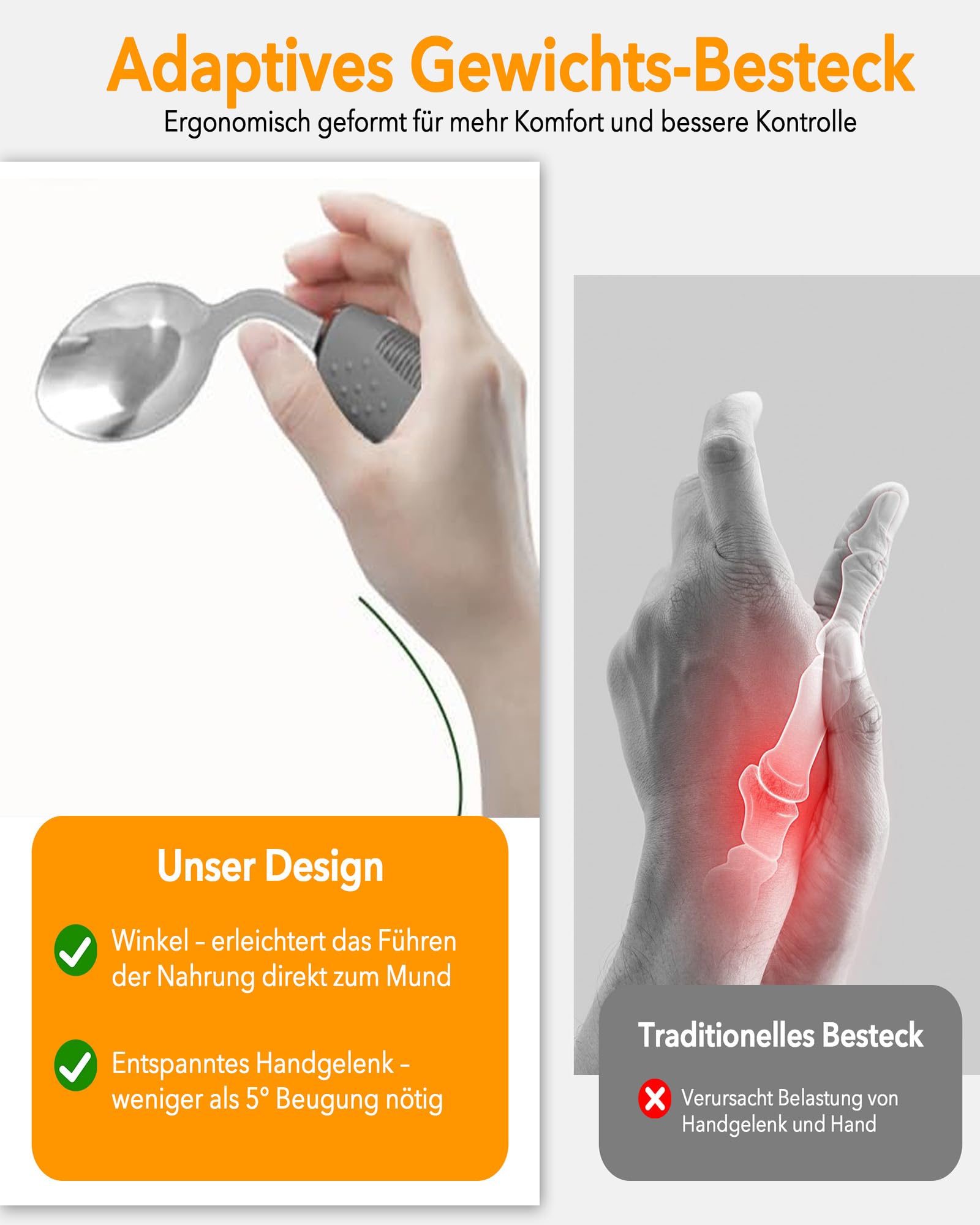 Juego de 4 cubiertos Parkinson para discapacitados: cucharas de Parkinson de plástico PP de alta calidad y acero inoxidable 2CR14, ayudas ergonómicas para temblores, trastornos de movimiento, artritis
