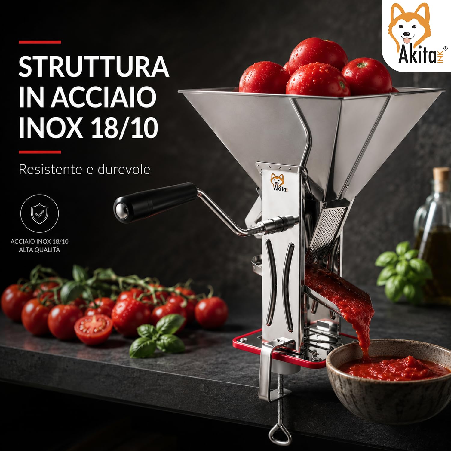 Akitaink Spremipomodoro Manuale in Acciaio Inox 18/C, Passapomodoro con Morsetto Fissaggio, Rullo in Alluminio e Retina Inox 18/10