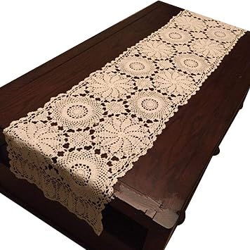USTIDE Rustic Floral Table Runner Hand Crochet Table Doily Beige Cotton Lace Decoration for Coffee Table Dresser Cabinet 15"X59"