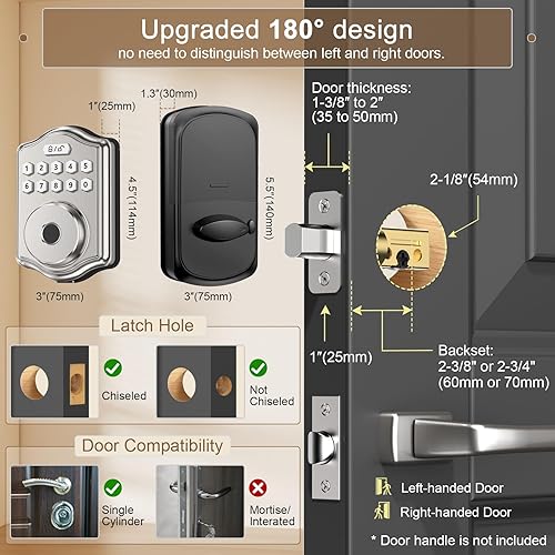 Miniatura 7 de 52HZ Cerradura de puerta de huellas dactilares, cerradura de puerta de entrada sin llave con código, guía de voz con teclado electrónico, cerraduras