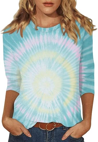 3/4 Length Sleeve Womens Tops Casual Graphic Crew Neck T Shirts Loose Fit Three Quarter Tie Dye Shirt Women Blouses