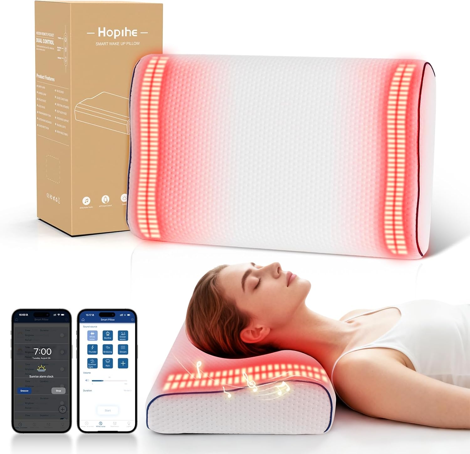 Hopihe Smart Sunrise Alarm Clock Pillow Sound Machine for Sleep with Bluetooth Speaker & Sunset Simulation, Cervical Pillow with White Noise Machine,Wake-Up Light for Sleep Bedroom Home Decor
