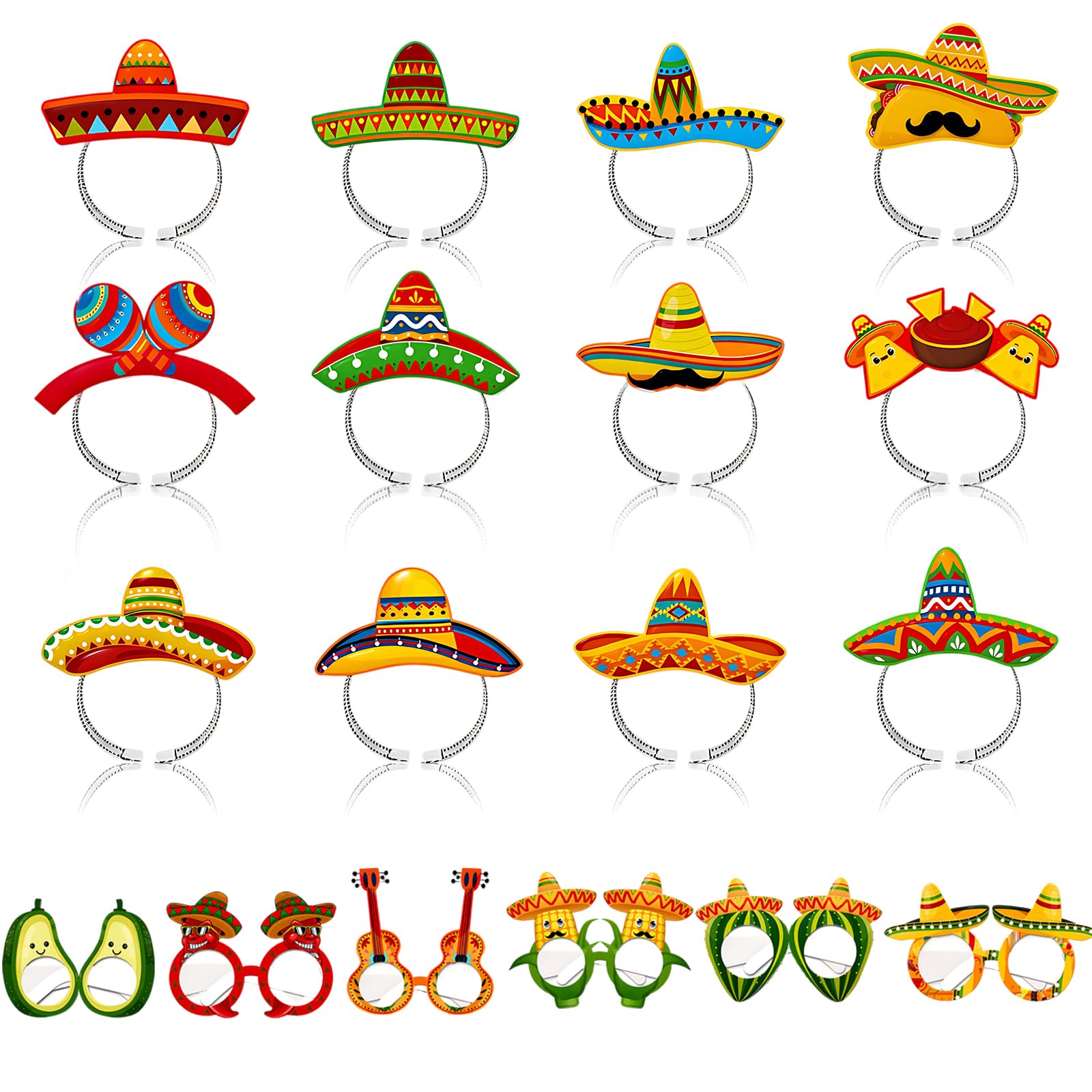 18PCS Mexican Party Decorations, Festive Hat Themed Accessories, Set for Themed Celebrations, Includes 12 Mexican Headbands and 6 Pairs of Themed Sunglasses Frame