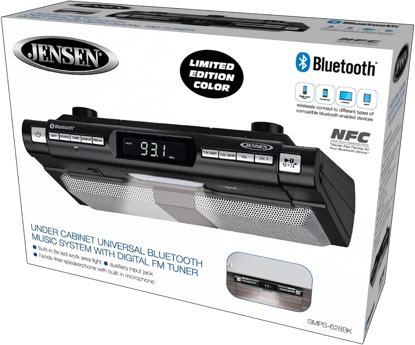 Jensen Modern Wireless Under Cabinet Kitchen Universal Bluetooth Music System, FM Radio, Clock LCD Digital Display , Built-in Hands-free Mic & Speakers (Includes Mounting Hardware)