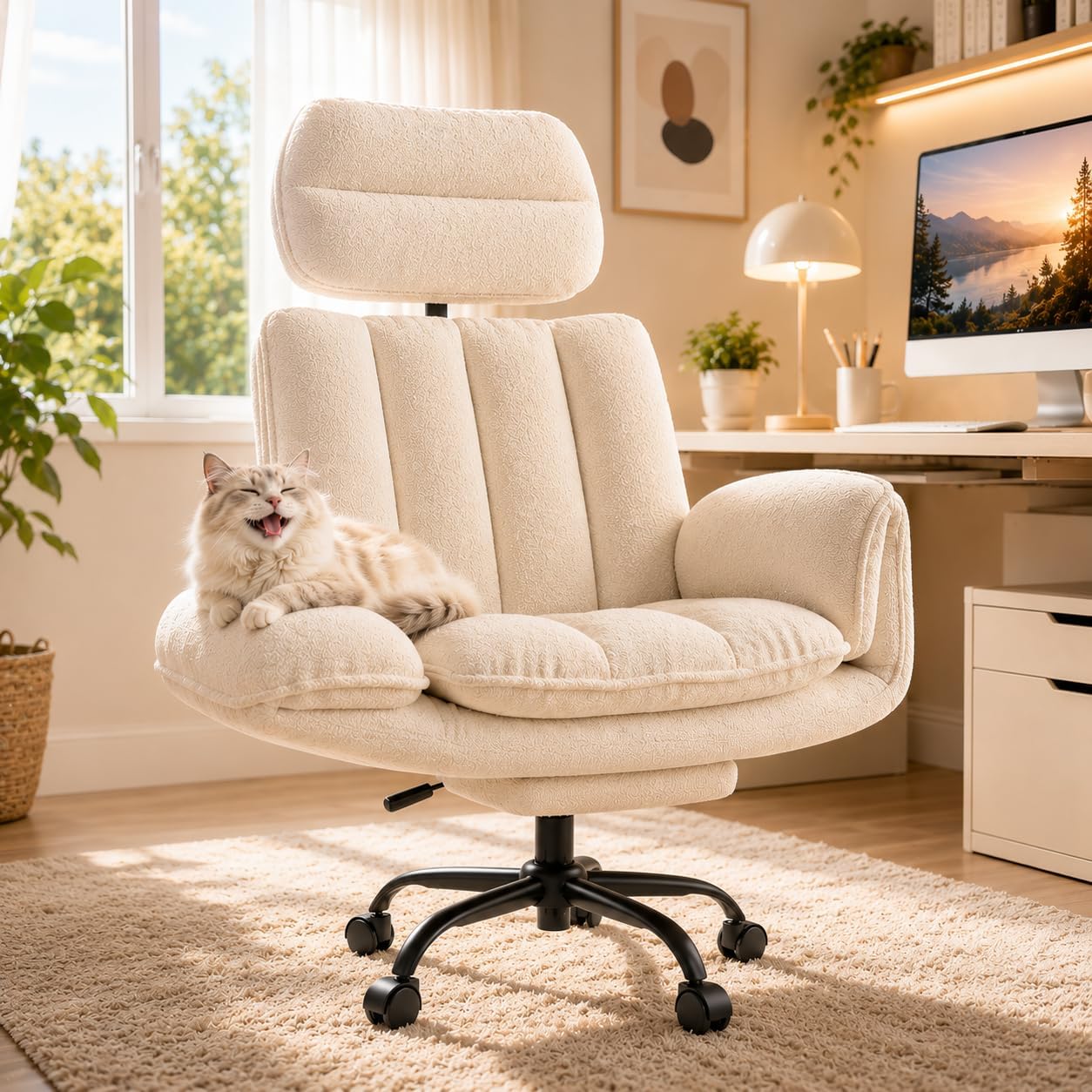  Criss Cross Office Chair with Armrests & Wheels, Comfy Velvet Vanity Chair, Ergonomic Executive Gaming Computer Chairs with Foot Rest, Wide Seat Reclining Desk Chair, White
