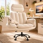HOMRELEXA Cross Legged Office Chair, Big and Tall Ergonomic Executive Desk Chair with Footrest, Teddy Velvet, 0°-90° Adjustable Armrests, Wide Seat, Comfy Reclining Swivel Computer Chair, Pink