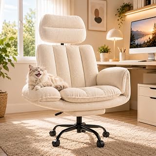 HOMRELEXA Big & Tall Bürostuhl, Ergonomischer Schreibtischstuhl | mit Verstellbaren Armlehnen und Fußstütze, Reclinierbar, Kuscheliger Teddyplüsch, Breite Sitzfläche, Weiß
