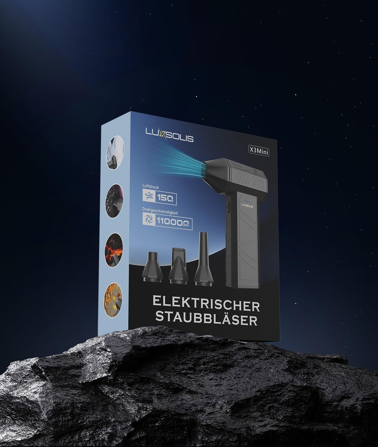 LUXSOLIS X3 Mini Turbo Fan Elektrischer Staubbläser Akku 110000 U/min 3 Stufen USB-C 4 Düsen