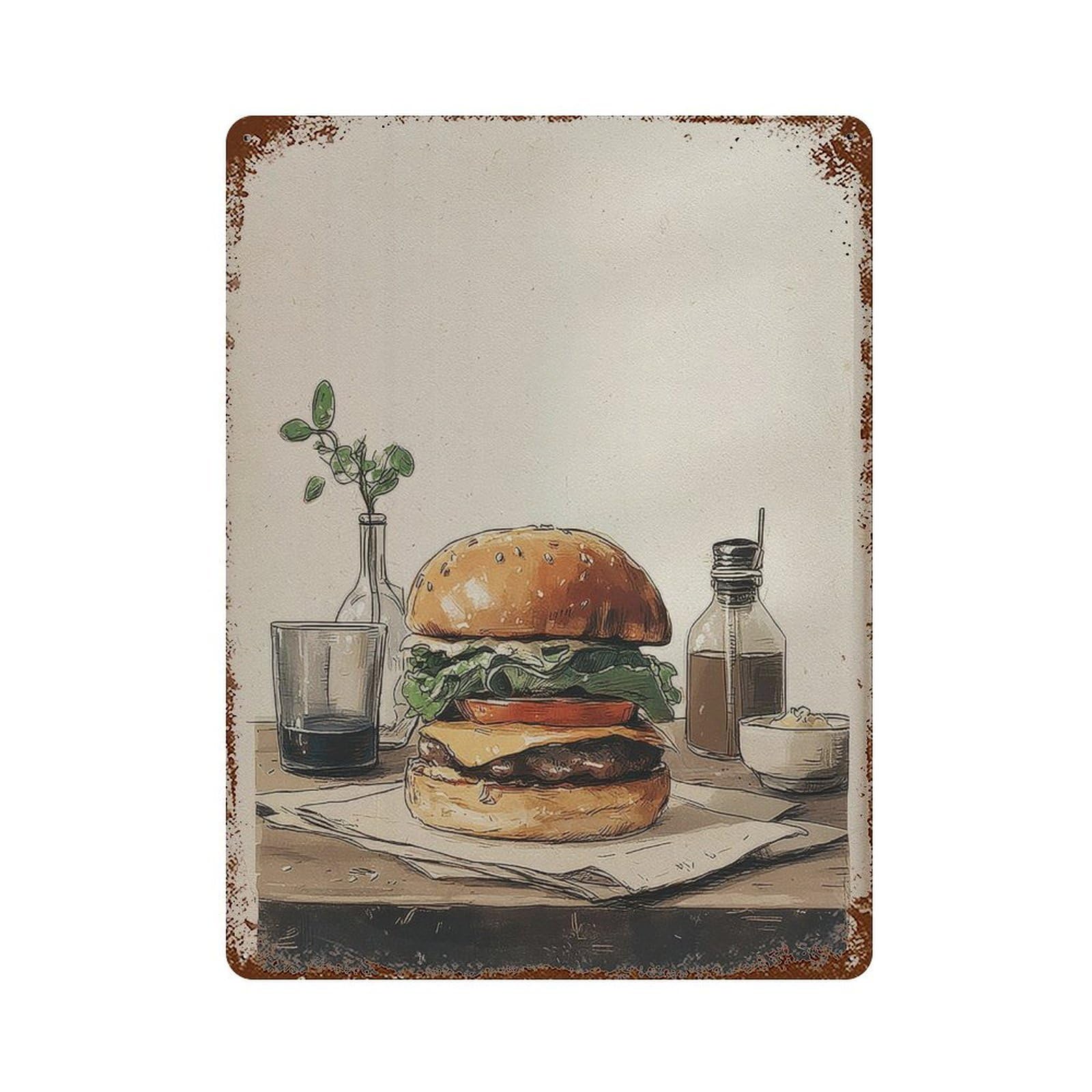 xiaoxiaoshen Kitchen Handdrawn Burger Wall Decor Art Metal Tin Poster Modern Home Decor Art Home Bar Shop Decorations Vintage Sign 40x30cm