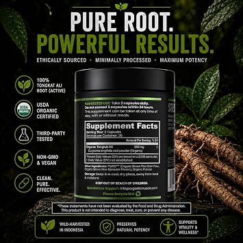Organic Muscle Tongkat Ali for Men 500mg, USDA Organic, 60 Capsules