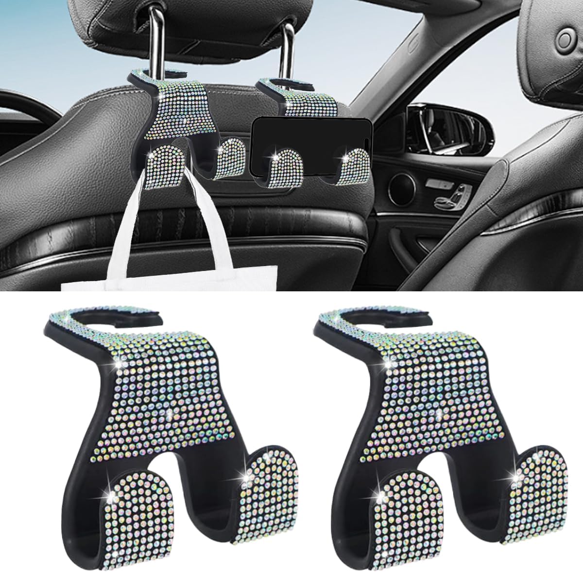 2PCS Car Seat Headrest Hooks, Shiny Crystal Hanger Holder, Backseat Hanger Storage Organizer, Bling Rhinestone Car Purse Hook, Car Accessories for Women Universal for SUV Truck Vehicle (AB Color)