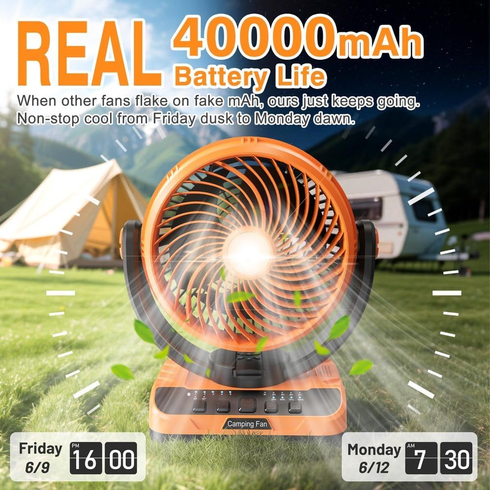 Battery Operated Camping Fan, 136H Max Cooling, Rechargeable Battery Powered Oscillating Floor Fan with Charger, Remote & Hook, Portable for Tent