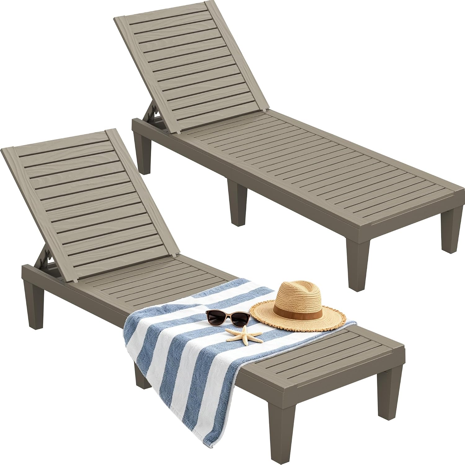 KAMABOKO HDPE Outdoor Pool Lounge Chairs with 5-Level Adjustable Backrest
