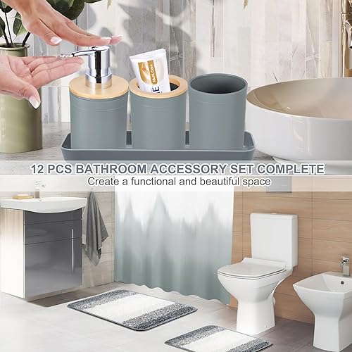 Vista 156 de iMucci Accesorios de baño, juego de baño negro con cortina de ducha y alfombra, cortina de ducha impermeable con alfombra ultra absorbente, juego