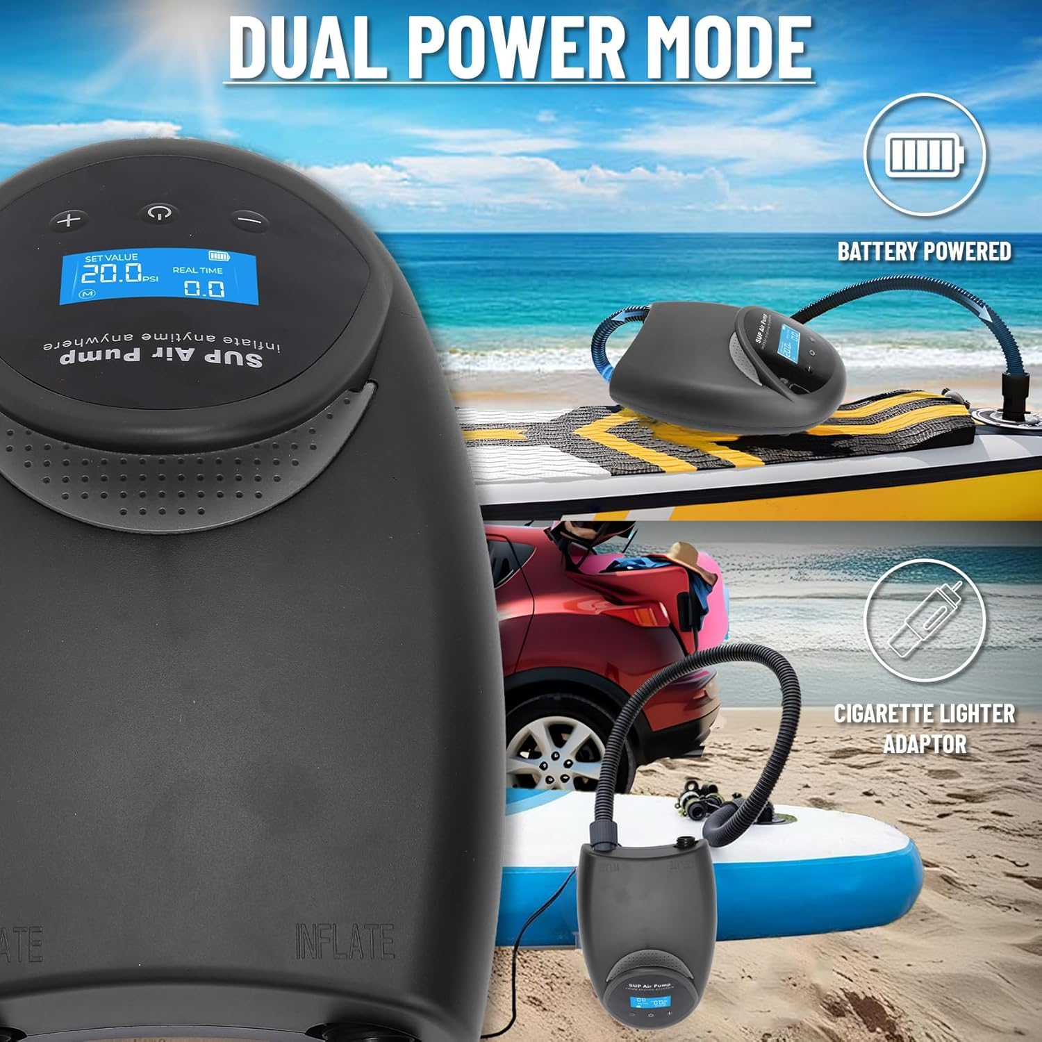 TONSIM Pompa Elettrica Ricaricabile 20 PSI - Gonfiatore Portatile ad Alta Pressione per Sup, Gommoni e Barche - Batteria Integrata e Adattatore 12V per Auto - Ideale per Campeggio e Sport Acquatici