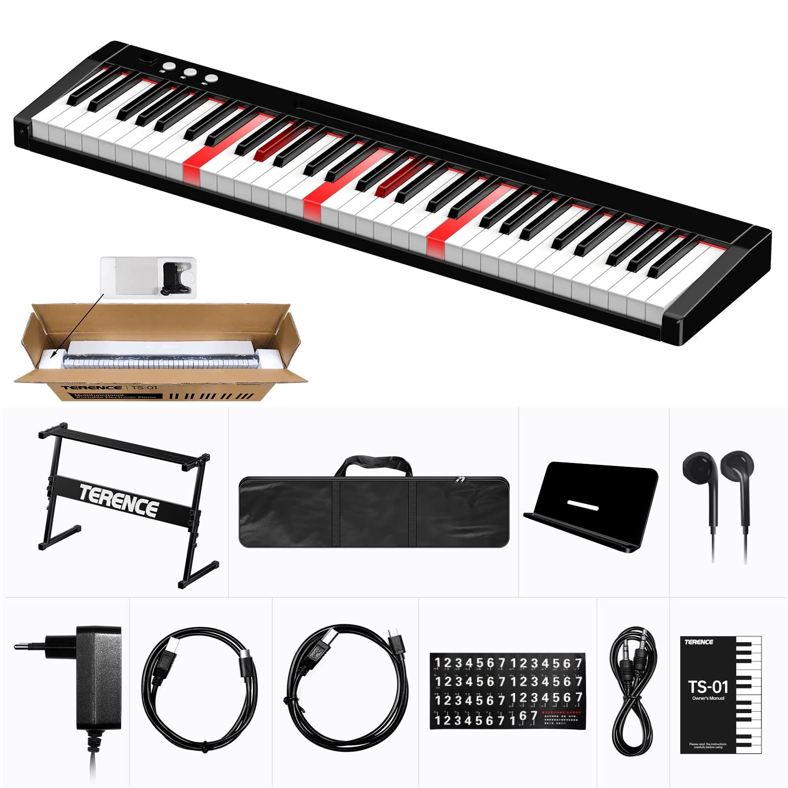 TERENCE Pianoforte Digitale Portatile 61 Tasti semi-pesati con Supporti e batteria da 1800 mAh Tastiera e interfaccia MIDI e supporto per spartiti Bluetooth Borsa adesiva Cavo audio Auricolari