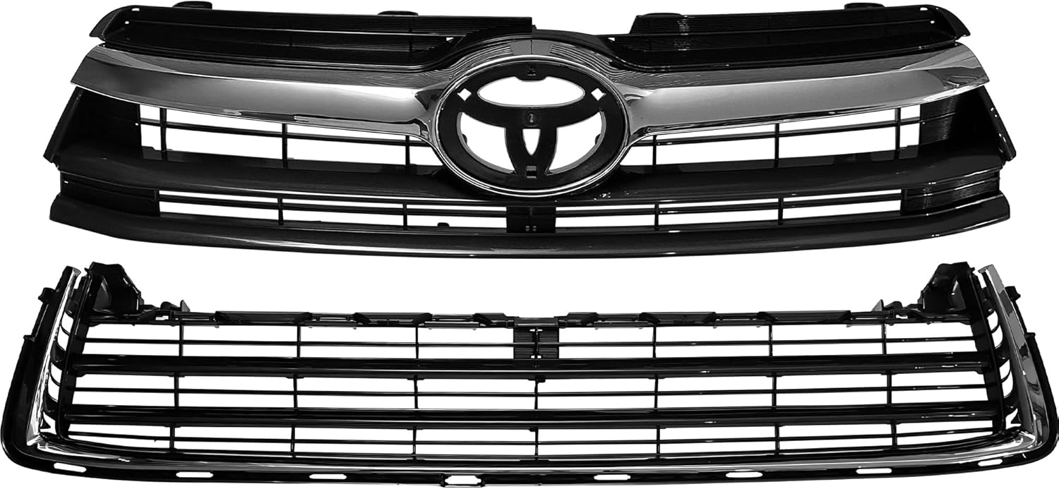 Front Bumper Cover Kit Compatible with 2014-2016 Toyota Highlander | Replace OE/Part NO.521190E925/TO1014102, 521290E010/TO1015110,531010E170/TO1200371 Primed & Chrome with Grille & Fog Lights
