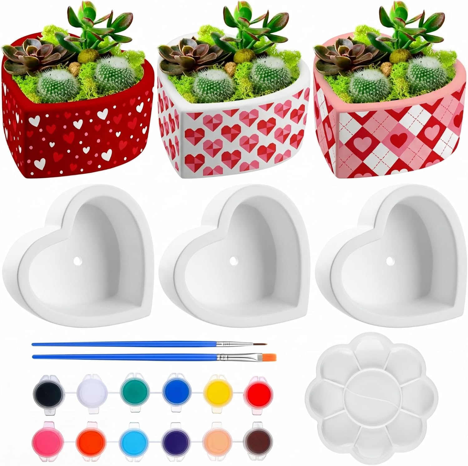 Beeveer 6 Pcs DIY Mother's Day Craft Kits Make Your Own Ceramic Succulent Planters Paintable Heart Shaped Decoration, and Ceramic Succulent Planters Kit for Mother's Day from Daughter So