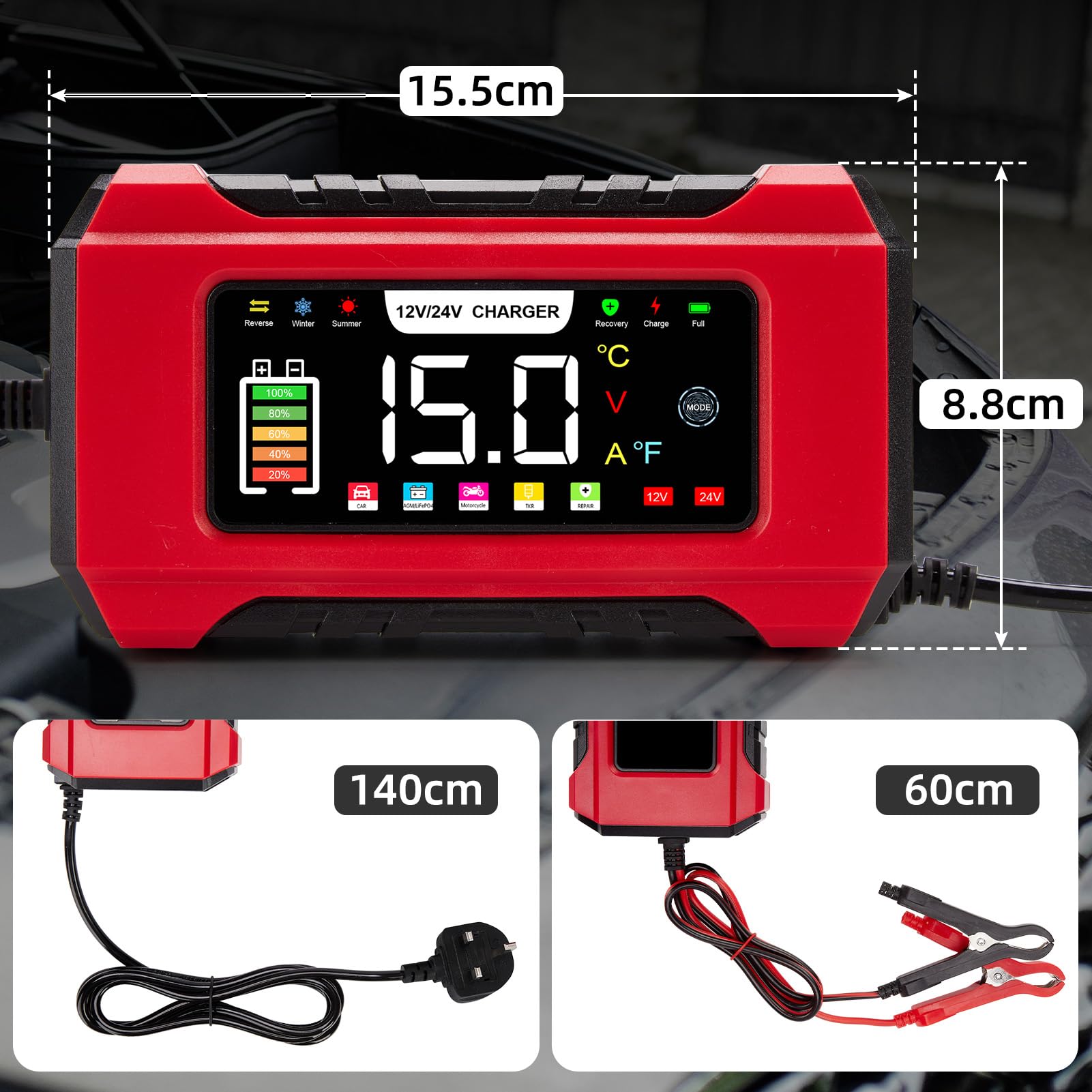 15-Amp Car Battery Charger 12V/24V, Aptliton Intelligent Car Battery Charger with 9-Stage Charging, LCD Display For Car, Truck, Motorbike, Boat - Compatible with Lead-Acid, AGM, EFB, LiFePO4 Batteries — view 9