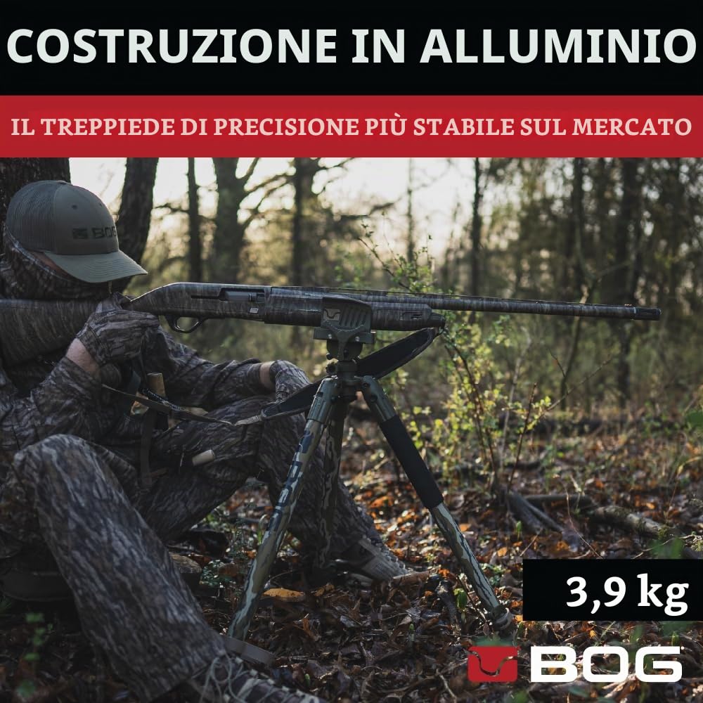 BOG DeathGrip Mossy Oak Bottomland Camo Treppiede con telaio in alluminio resistente design leggero stabile livello di bolla gambe regolabili e funzionamento a mani libere per caccia tiro e all'aperto