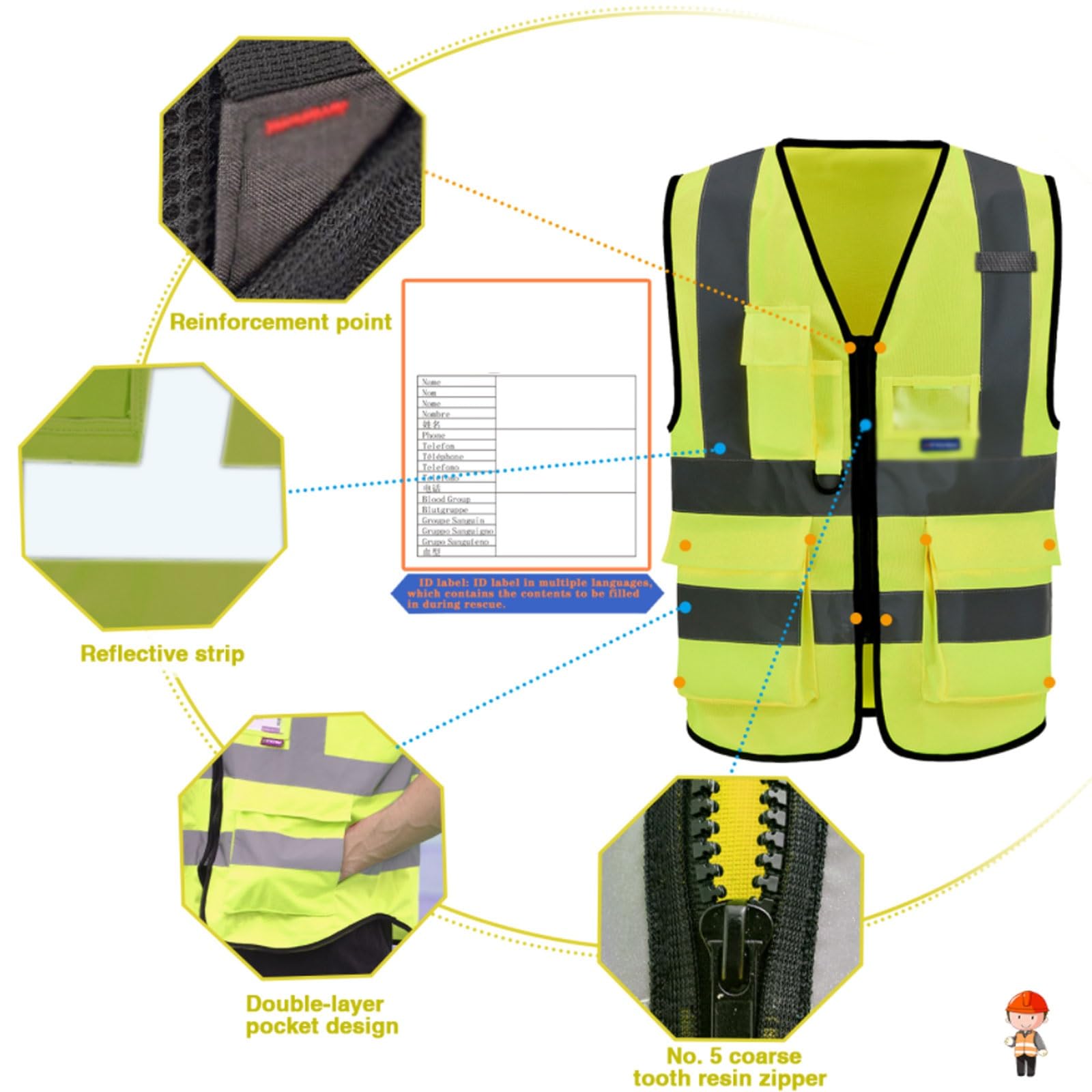 Chaleco reflectante de alta visibilidad, Chaleco de alta visibilidad reflectante con múltiples bolsillos y cremallera, unisex, multicolor, varios tamaños