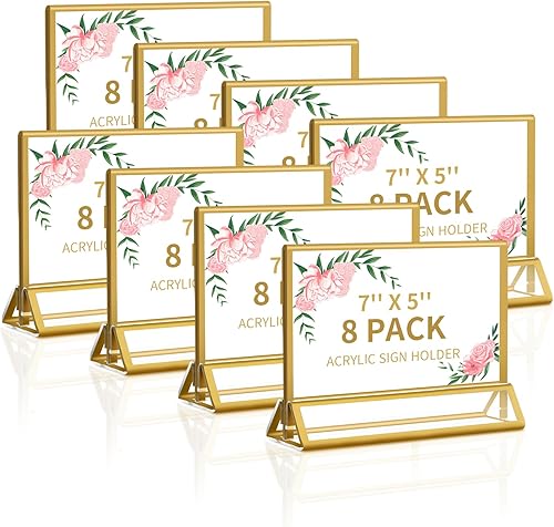 Smarpau Soporte acrílico dorado de 7 x 5 pulgadas, paquete de 8 soportes de doble cara para menú para fiesta de boda, soportes para marcos de fotos,
