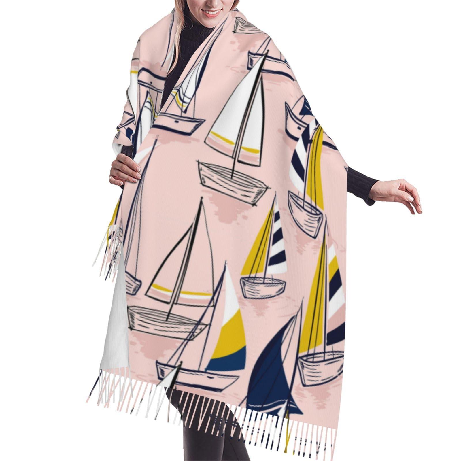 Poadnly Unisex As Picture Pink Sketch Sailing Sea Boats, Large Soft Cashmere Feel Shawls Wraps Women Fringed Scarf Light Stole 196X68 Cm
