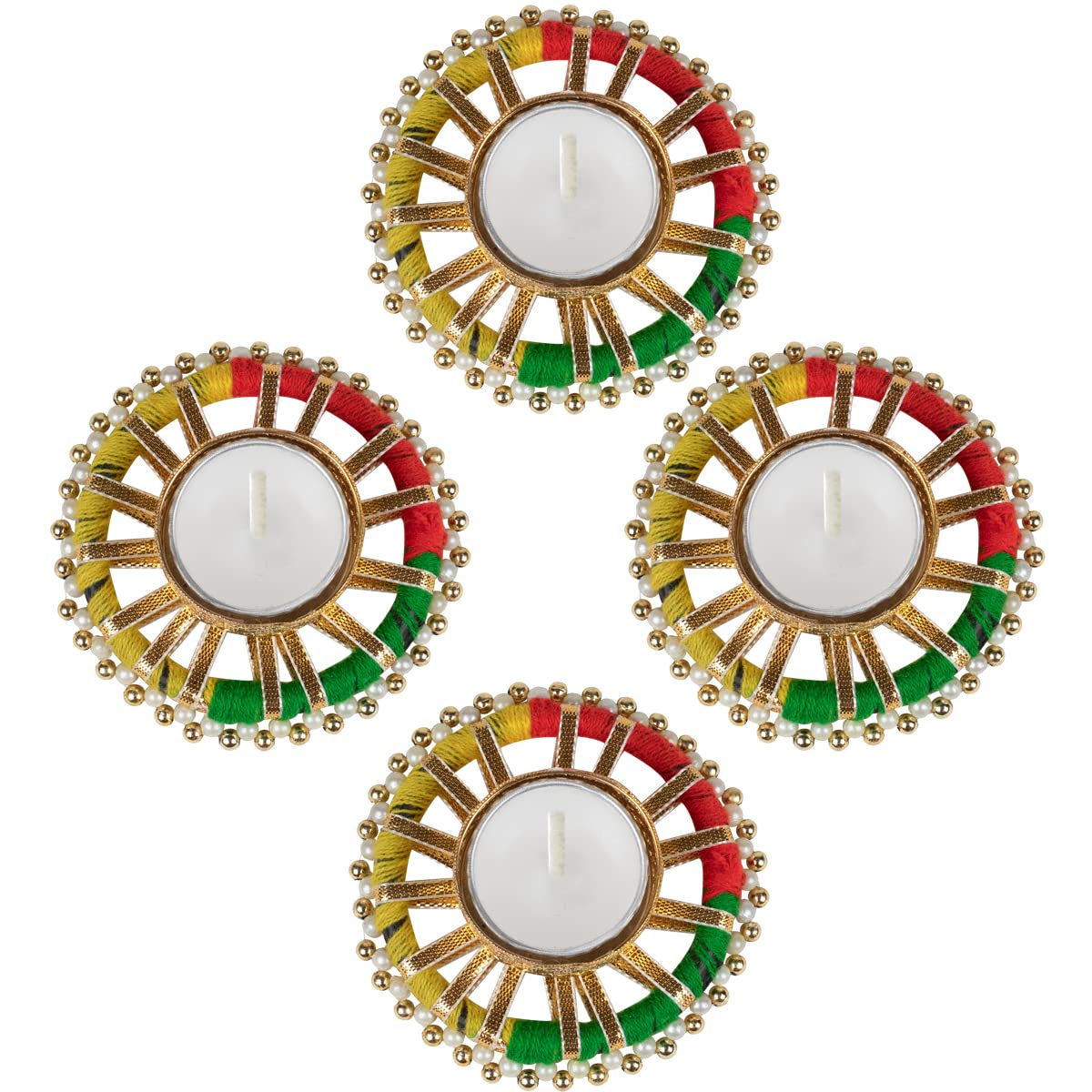 Kaameri Bazaar Set of 4 Metal Brass Diyas Decorated with Bangle, Beads and Ribbon for Diwali - Tealight Candle Holder with 4 tealights