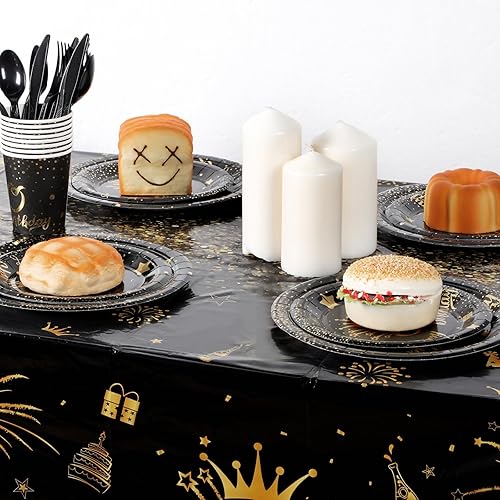 Miniatura 7 de Paquete de 3 manteles de plástico desechables de plástico con diseño de 30. cumpleaños, manteles rectangulares negros y dorados para fiestas,