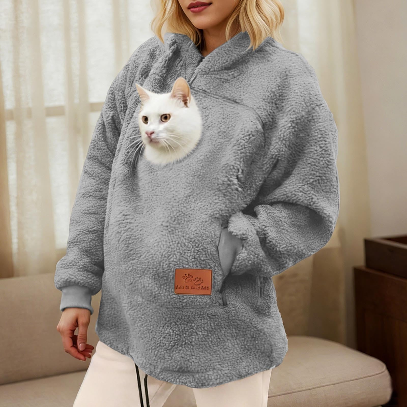 Weihnachts Sweatshirt Damen Hoodiemit Kapuze und Großer Kängurutasche Oversized Sweatshirt Frauen Hoodies mit Katzentasche Lustige Sweatshirts mit Kängurutasche Katzen- und Hunde-Tragetasche Pullover