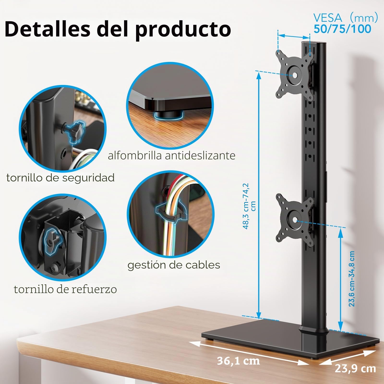 Soporte para dos monitores - Soporte de sobremesa vertical con brazo para dos monitores de ordenador de 13 a 34 pulgadas con giro, inclinación, altura ajustable, VESA 100 x 100 mm, 75 x 75 mm AX05TB02