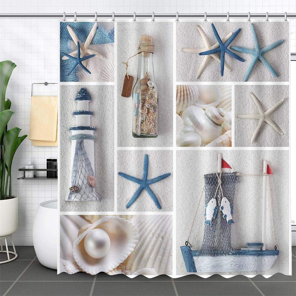 MEHOFOND72x72 inch Summer Nautical Shower Curtain Set Marine Starfish Sail Boat Beach Shell Sea Waterproof Shower Curtain with 12 Hooks Bathroom Decoration