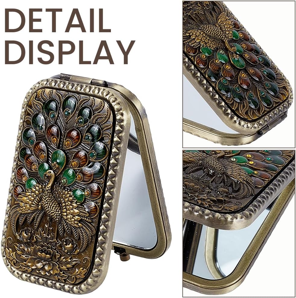 Vintage Foldable Makeup Mirror Portable Cosmetic Pocket Mirror Peacock Pattern Double Sided Compact with Normal and Magnifying Glass Touch up Essential Mini Vanity for Women Travel Makeup image 5