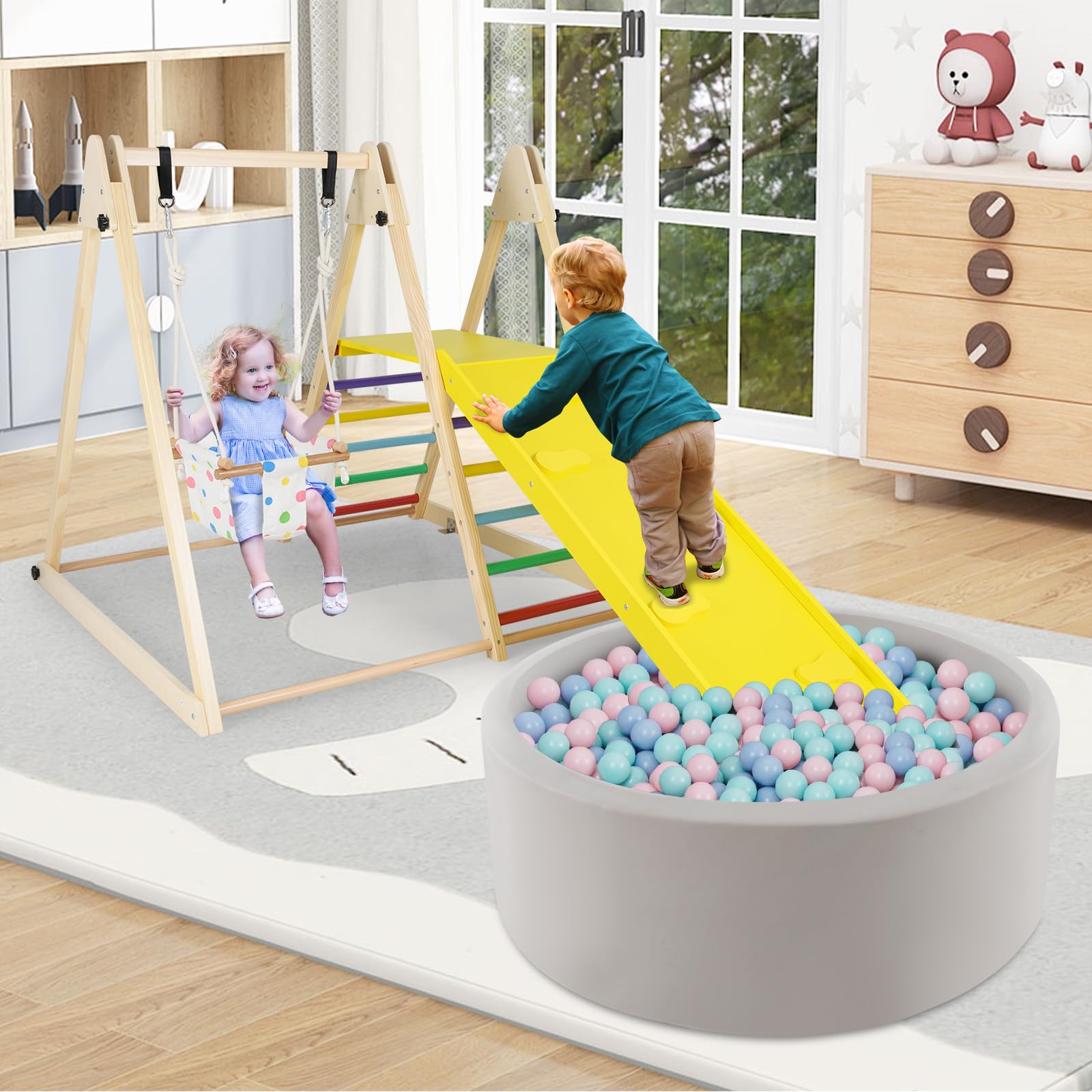 COSTWAY Klettergerüst Indoor, 4 in 1 Schaukel & Ruheplattform & Kletterrampe & Leiter, Kletterset zum Klettern & Rutschen, Kinder Spielplatz Holz, für Kinder ab 1 Jahr (Bunt)