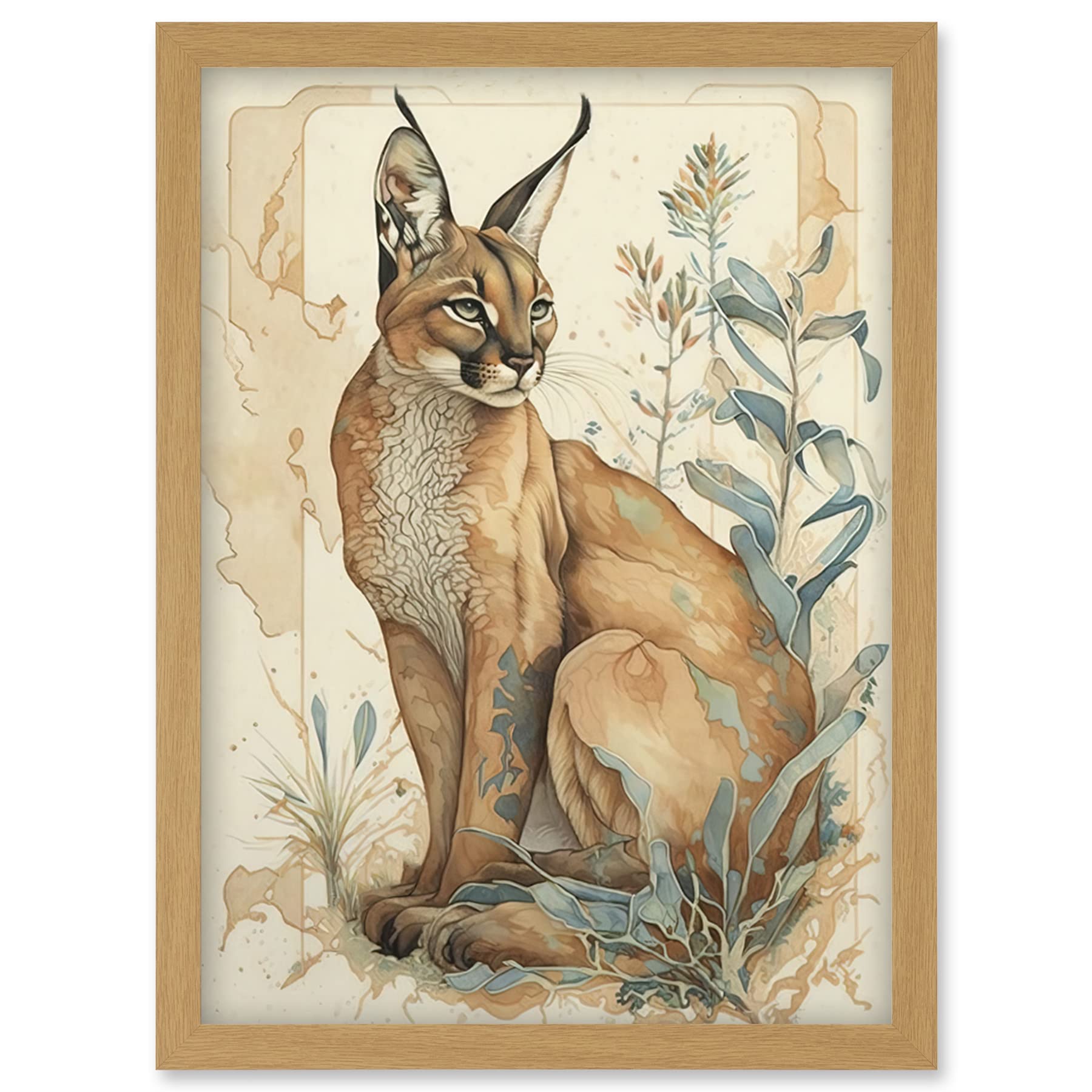 Artery8 Caracal Cat with Teal Plants Modern Pastel Watercolour Illustration Artwork Framed Wall Art Print A4