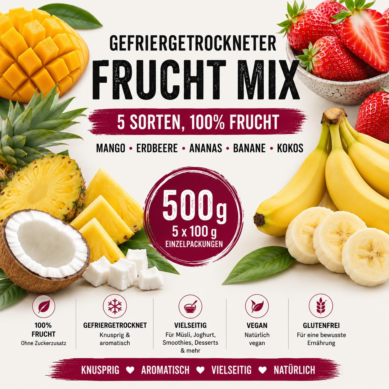 Lyopro Gefriergetrockneter Fruchtmix 500 g (5 x 100 g) – Mango, Erdbeere, Banane, Ananas & Kokos – 100% Frucht, Ohne Zuckerzusatz, Knuspriger Snack, Vegan & Glutenfrei