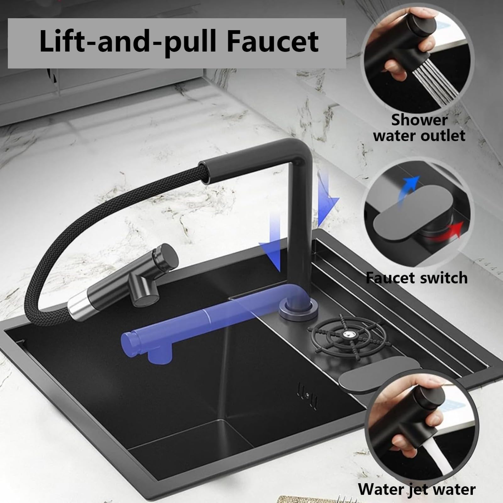 Lavello da cucina in acciaio inox con rubinetto estraibile e lavaggio a tazza, soluzione salvaspazio perfetta per cucine piccole, camper e aree compatte